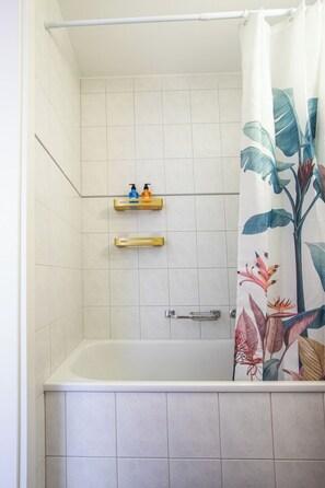 Hair dryer, towels, soap, shampoo