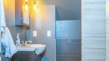 Hair dryer, towels, soap, shampoo