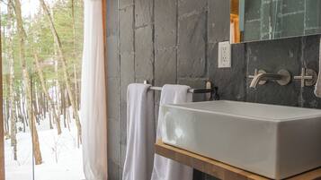 Hair dryer, towels, soap, shampoo