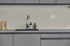 Une cuisine moderne avec un plan de travail gris, un robinet en acier inoxydable et deux flacons de savon liquide.