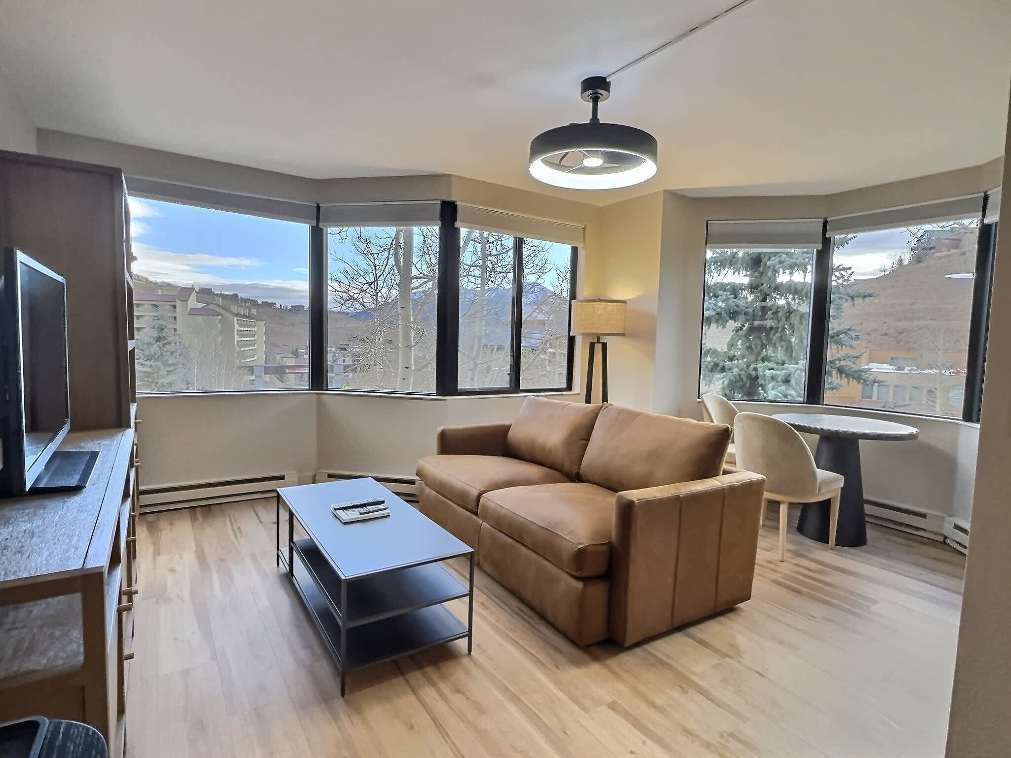A modern living room with a leather sofa, a small coffee table, a TV, and a dining area with a table and chairs. Large windows offer a view of the outside.