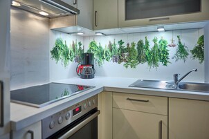 Apartamento Confort, 2 habitaciones, Se admiten mascotas, vistas al jardín | Cocina privada | Cafetera o tetera y hervidor eléctrico