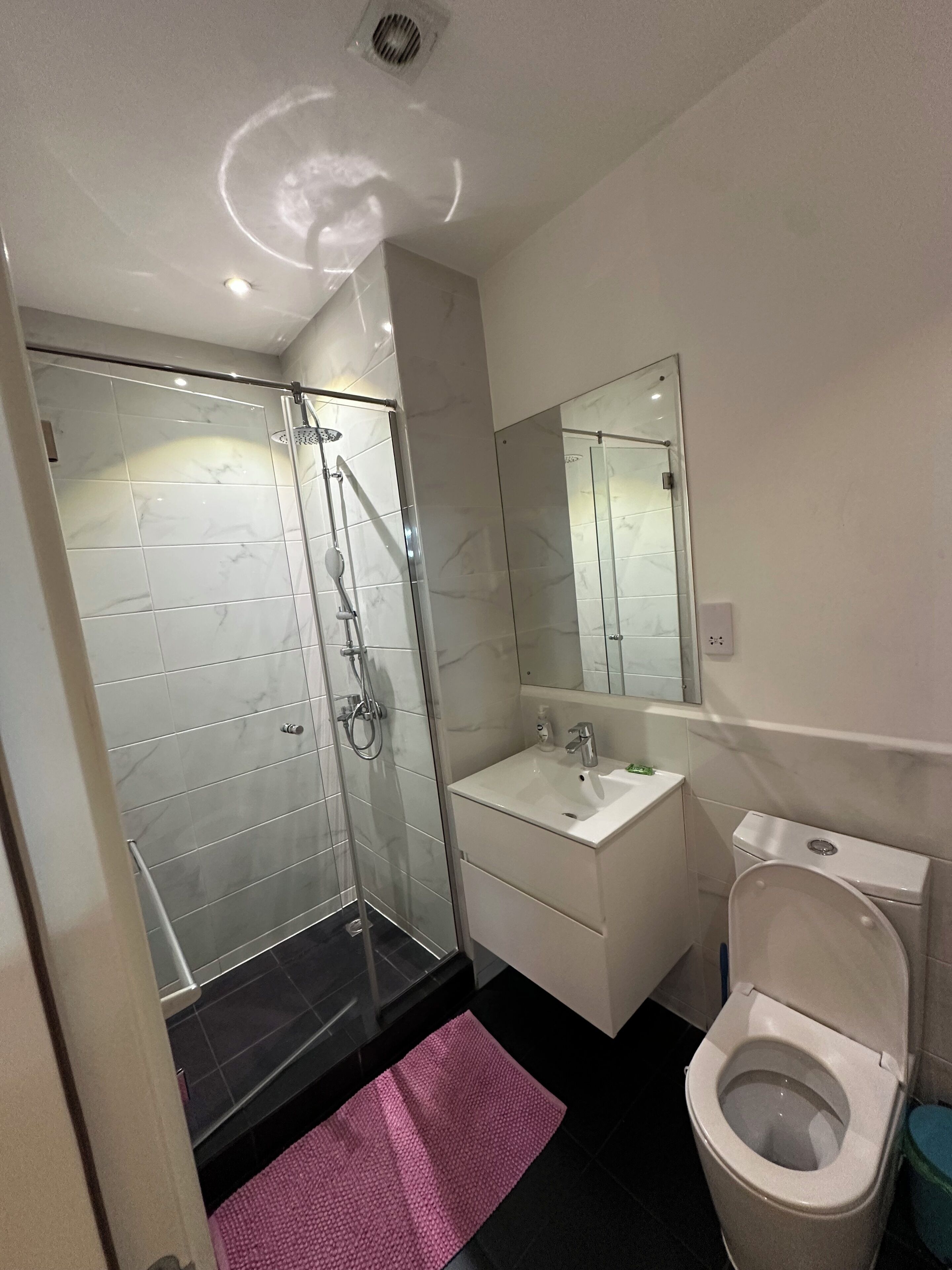 Une salle de bain moderne avec une douche à parois de verre, un lavabo blanc et des toilettes.