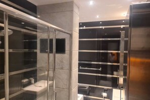 Regadera, toallas, jabón, papel de baño 