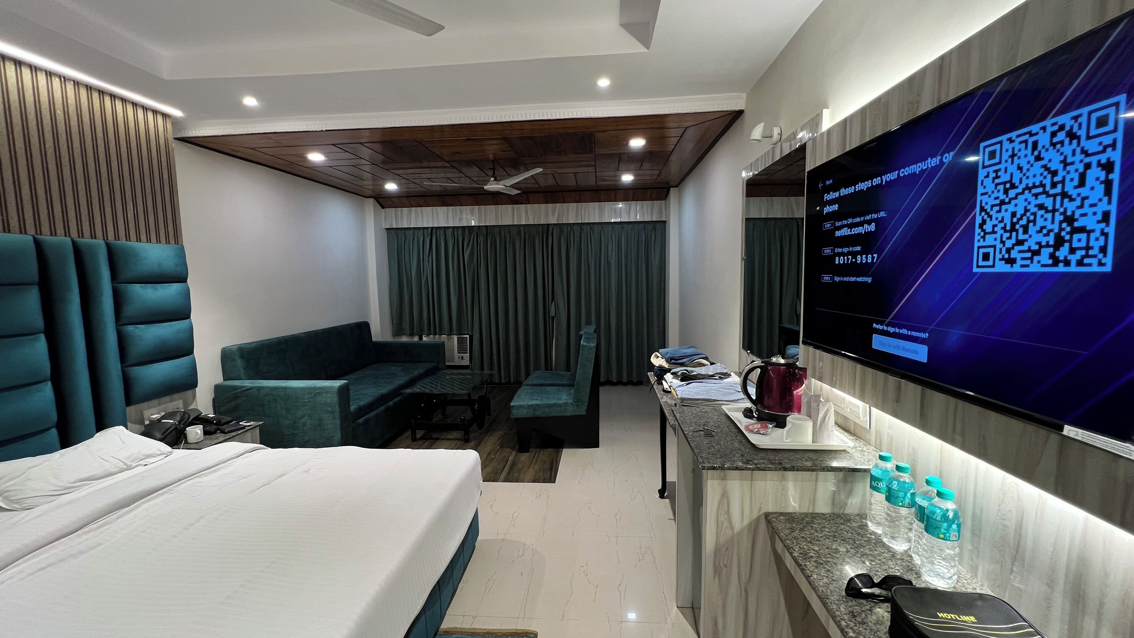 Desk, laptop workspace, blackout curtains, free WiFi