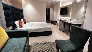 Desk, laptop workspace, blackout curtains, free WiFi