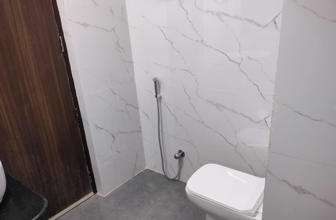 Shower, slippers, towels, soap