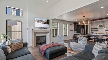 TV, fireplace, books, offices