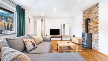 Een televisie en een open haard