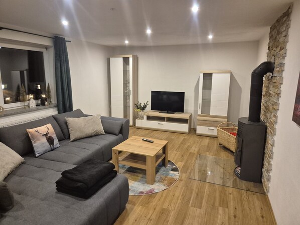 Una televisión, una chimenea