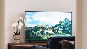 Una sala de estar con una televisión de pantalla plana, una orquídea en maceta, una mesa de centro de madera y un sofá azul oscuro.