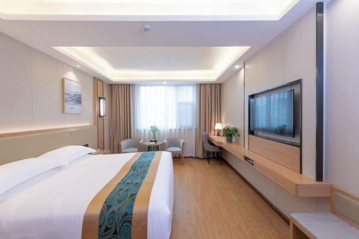 A hotel room with a large bed, a TV, a desk with a chair, and a small table with a plant.