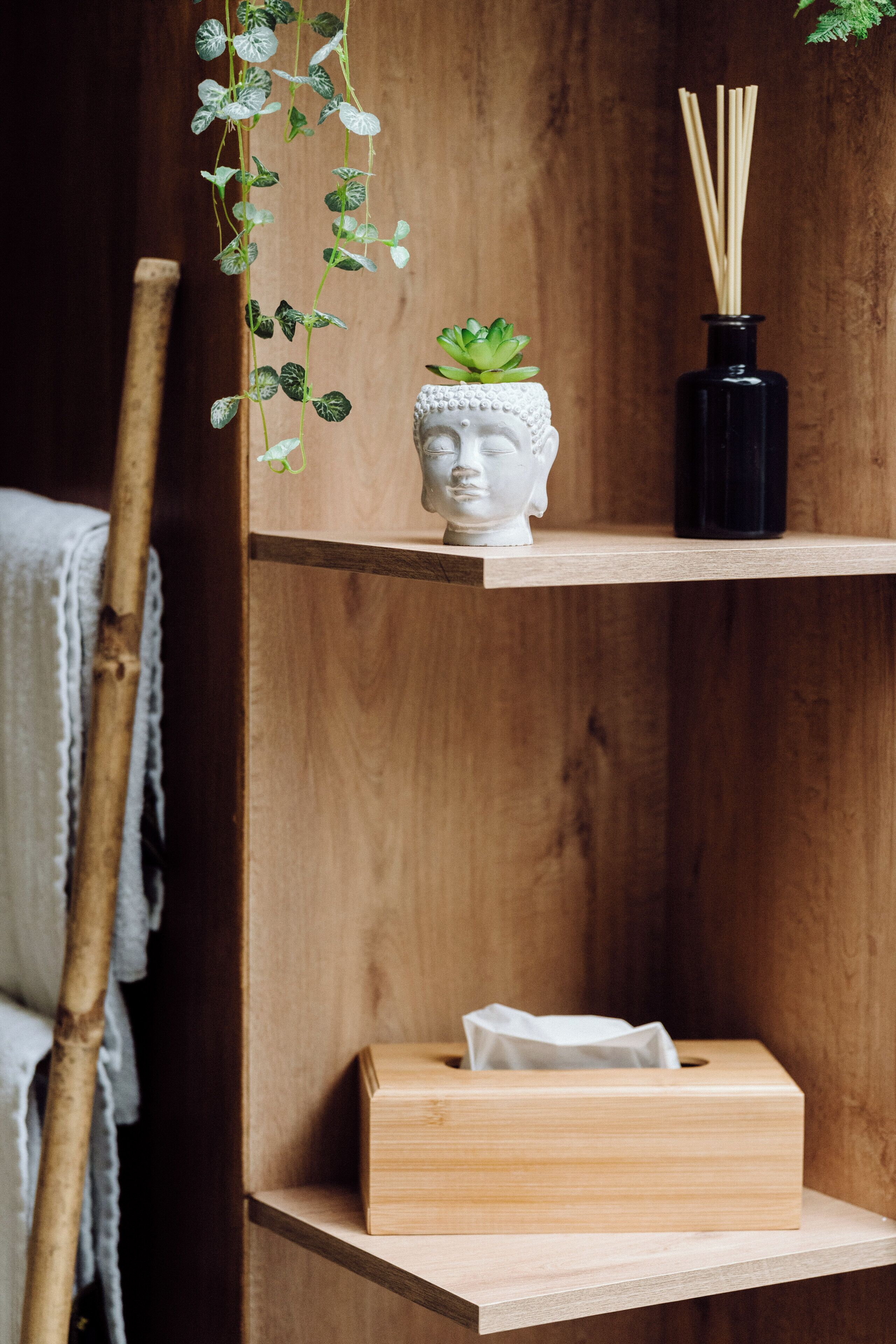 Une étagère en bois sur laquelle sont posés un vase blanc, une petite plante et une bouteille noire avec des tiges en roseau.