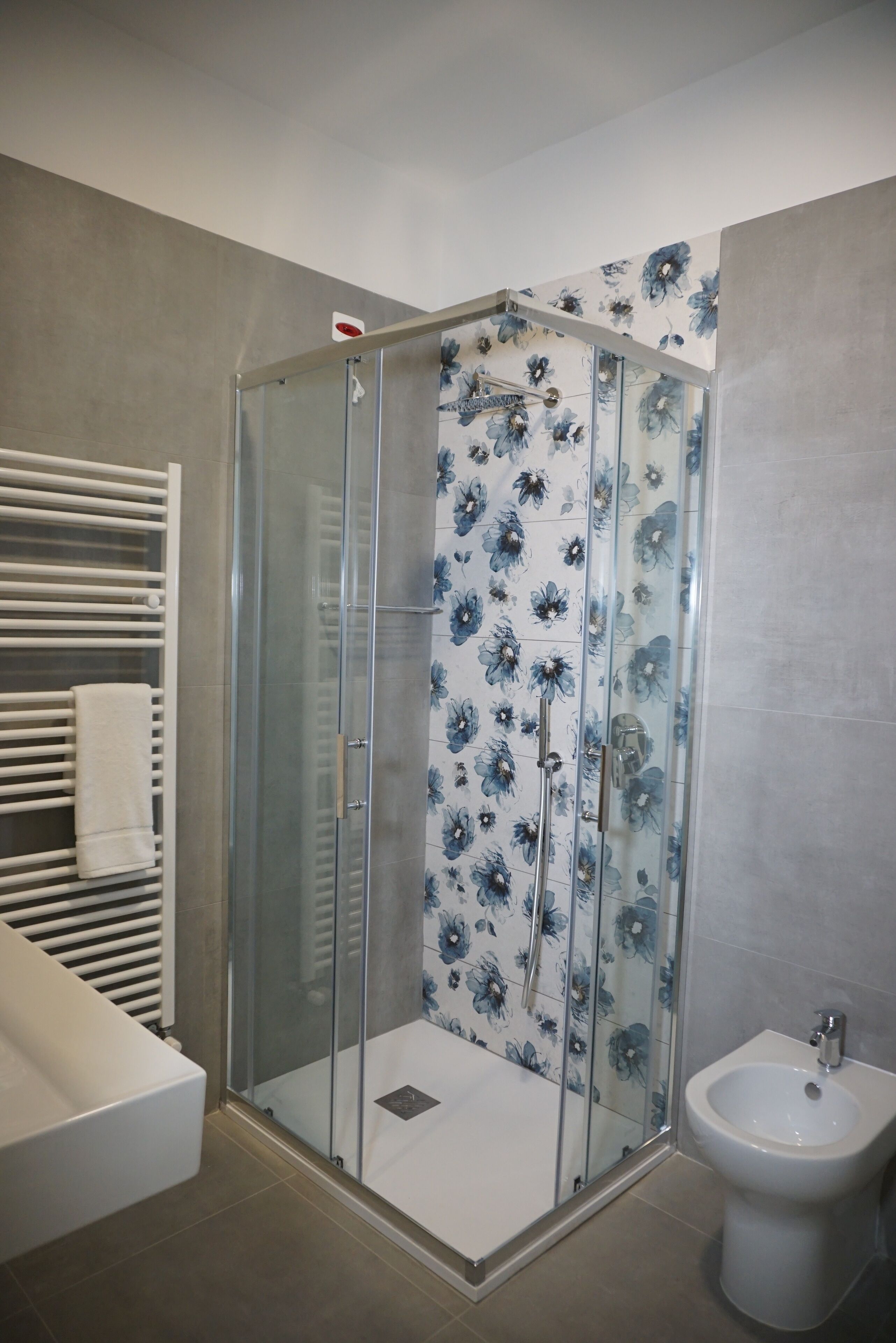 A modern bathroom with a glass-enclosed shower, a white sink, and a bidet.