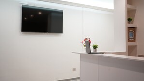 Un espace d’accueil moderne avec un téléviseur à écran plat fixé au mur, un ordinateur portable posé sur un comptoir et une petite plante en pot.