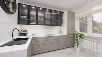 Fridge, stovetop, dishwasher, electric kettle