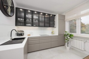 Fridge, stovetop, dishwasher, electric kettle