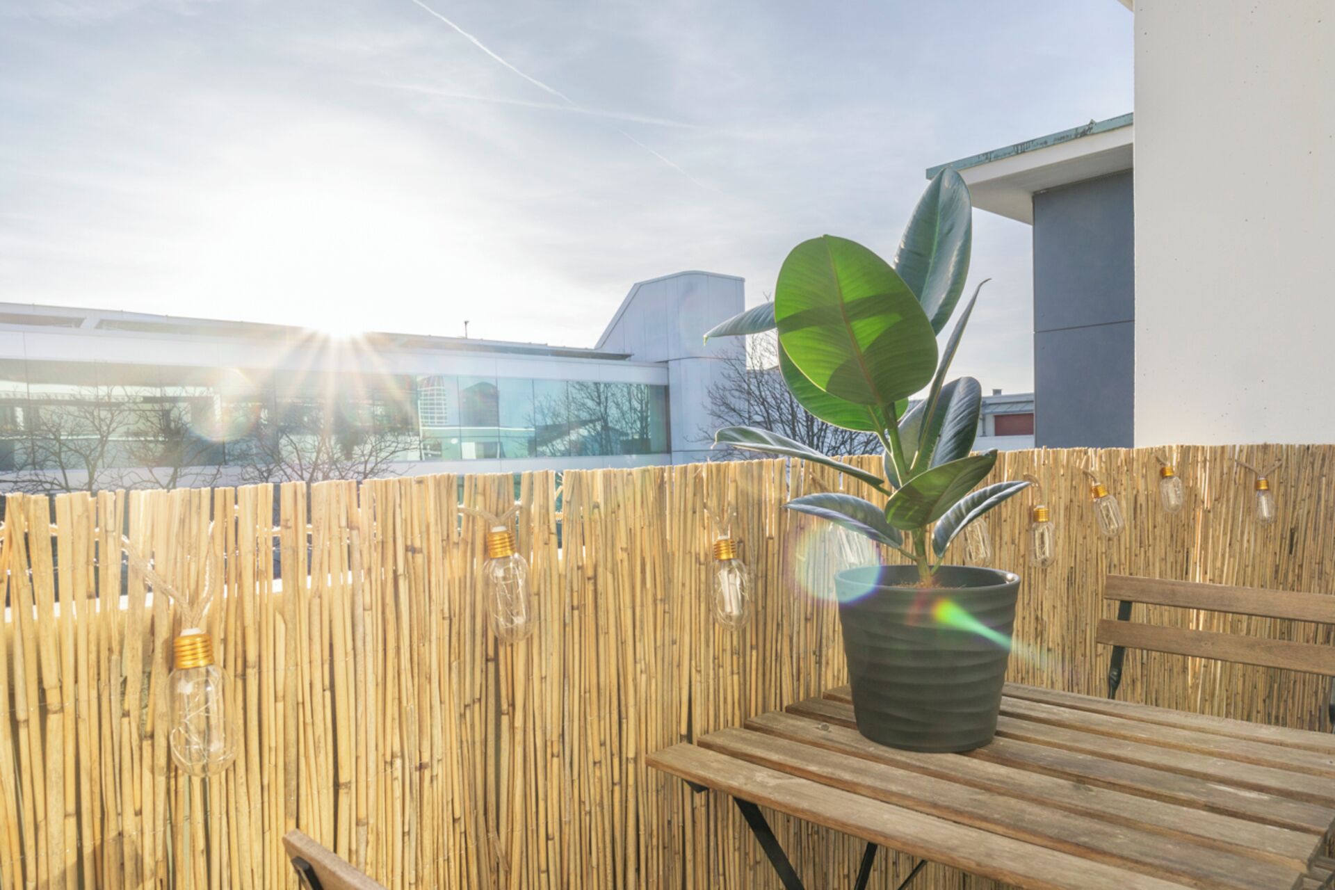 Ein Holztisch mit einem Blumentopf, ein Bambuszaun und ein modernes Gebäude im Hintergrund.