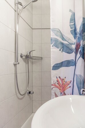 Hair dryer, towels, soap, shampoo
