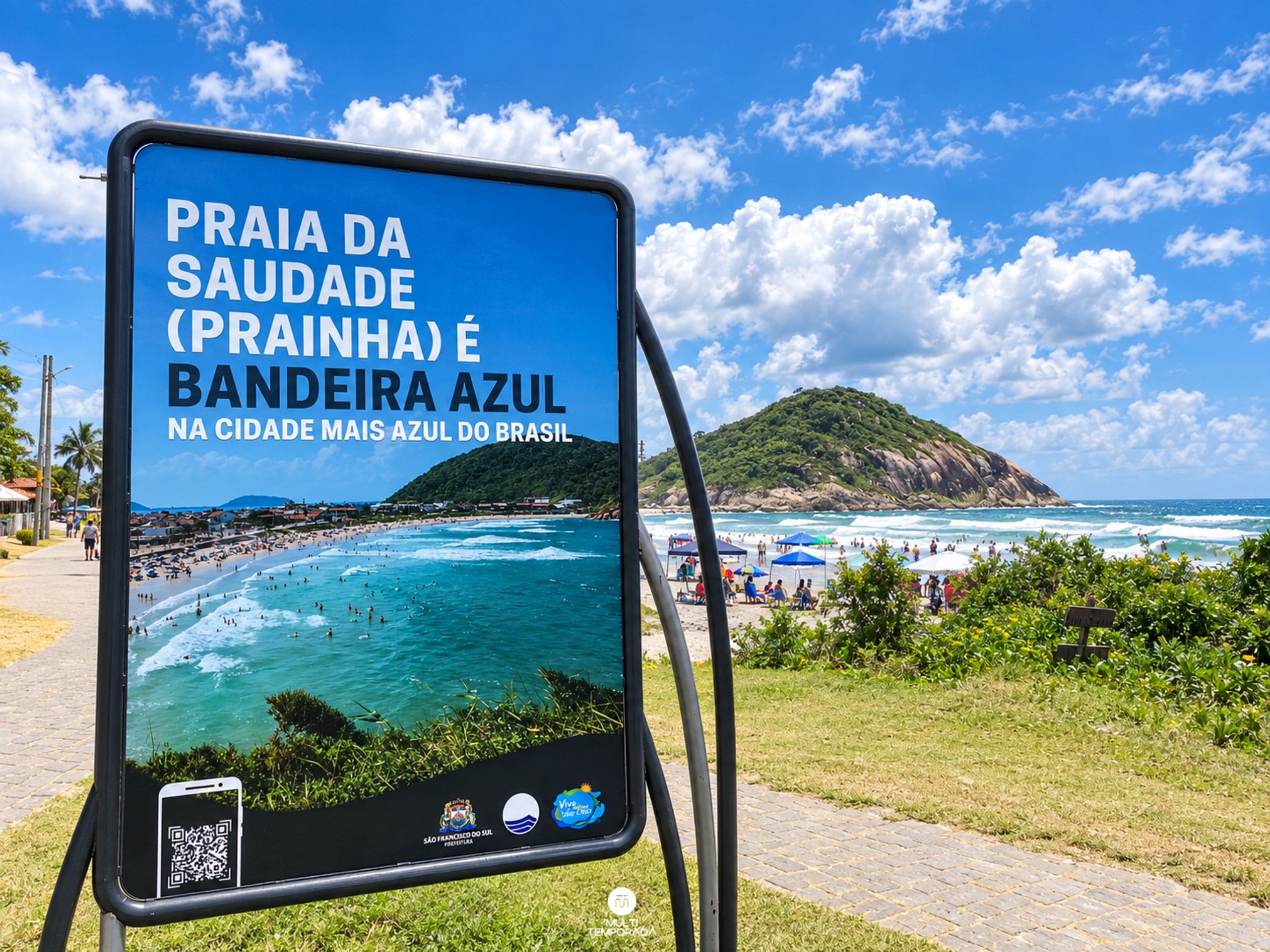 Un letrero con una playa y texto en portugués.