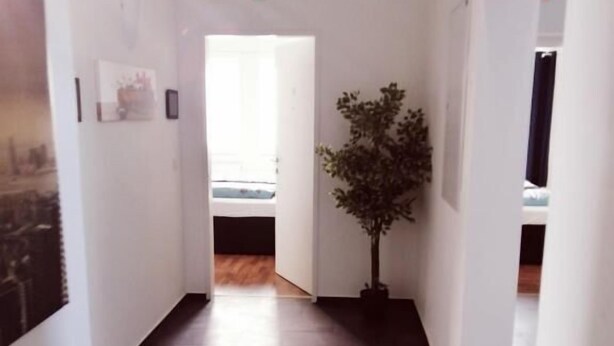 A hallway with dark flooring, white walls, and a potted plant. - Motel Graz Ost  (Graz)