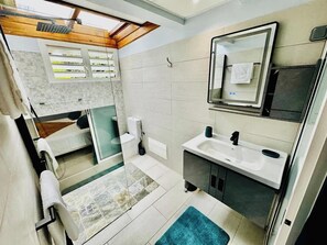 Shower, hair dryer, shampoo