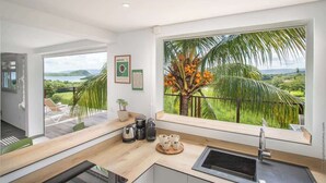 Een moderne keuken met een groot raam dat uitkijkt op een weelderig landschap.