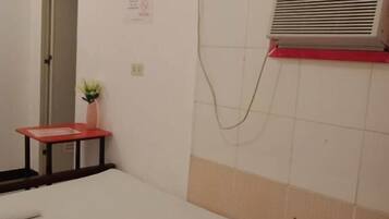 Una habitación con una cama, una mesita con una planta, un equipo de aire acondicionado y una ducha.