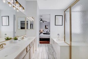 Hair dryer, towels, soap, shampoo
