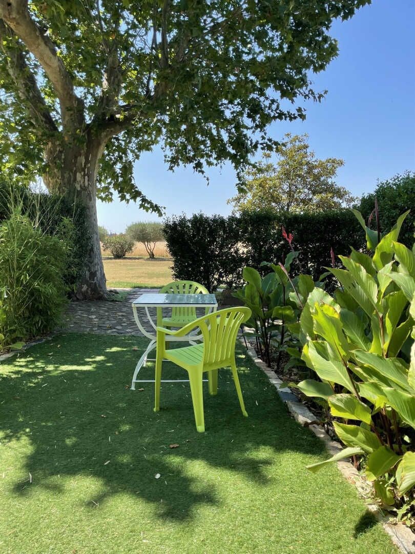 A garden with a table and chairs, surrounded by greenery and a tree.