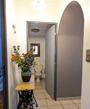 Corredor com uma mesa de madeira, um vaso de planta e um sanitário ao fundo.