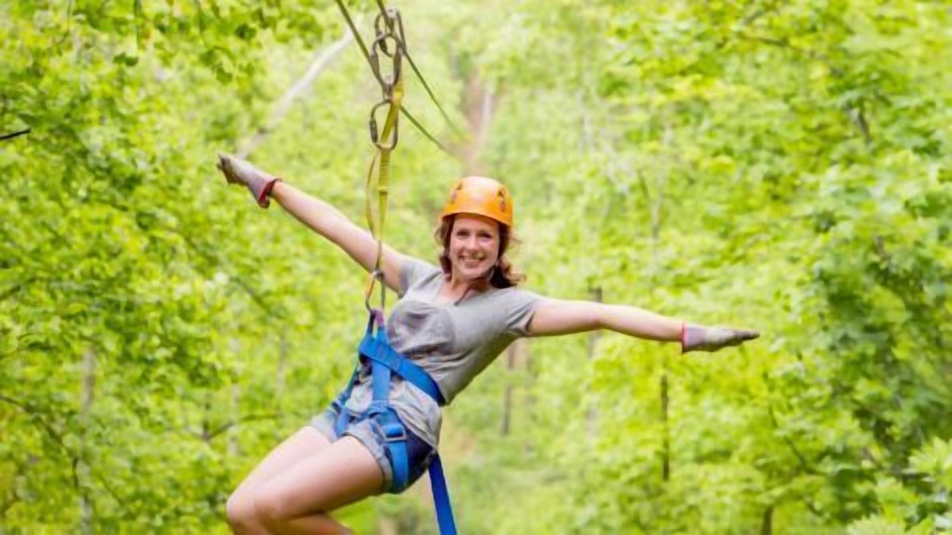 A person on a zip line in a forested area.