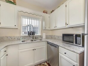 A kitchen with white cabinets, a stainless steel dishwasher, a microwave, and a window with blinds. - Two bedroom two bath condo| Pigeon Forge| Sleeps 4-6| City View (Pigeon Forge)