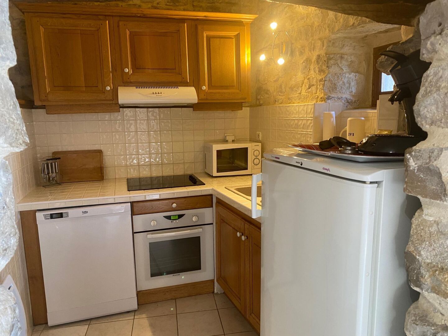 A compact kitchen with wooden cabinets, a microwave, a dishwasher, and a refrigerator.