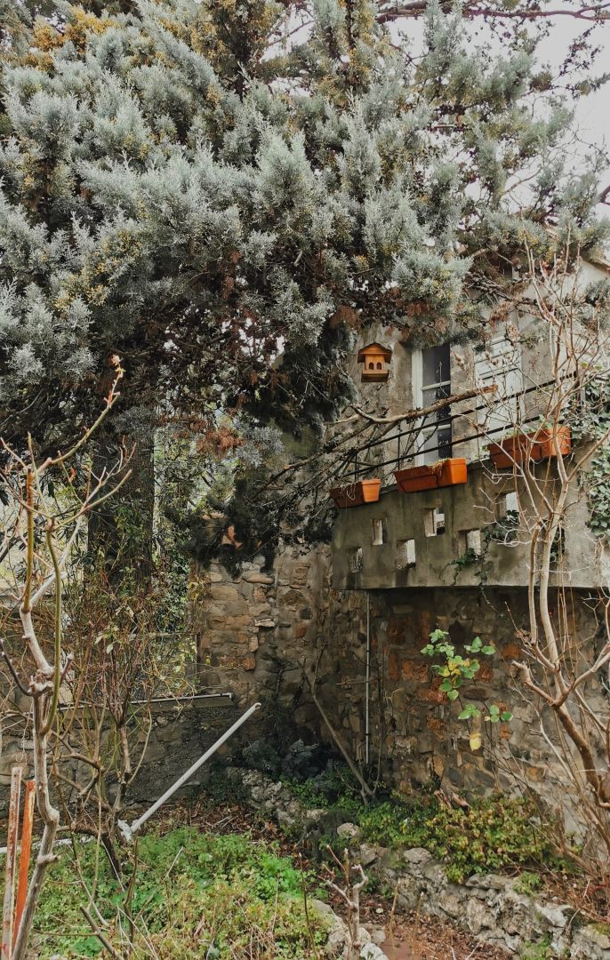 Un edificio rustico in pietra con una scala in legno che conduce a una piccola finestra.