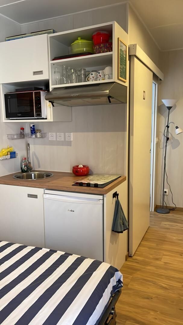A compact kitchen with a microwave, sink, and a small refrigerator.