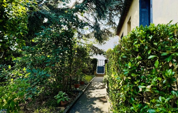 Un étroit sentier bordé d’une végétation luxuriante mène à un bâtiment dont les volets sont peints en bleu.