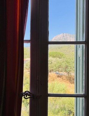 An open window with a view of a mountainous landscape and greenery.