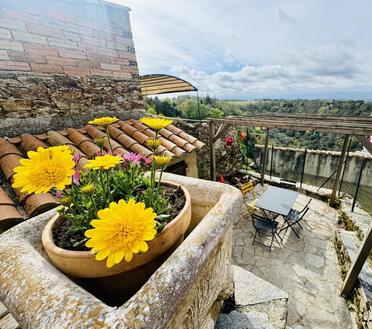 A rooftop terrace with potted yellow flowers, a table with chairs, and a view of the countryside.
