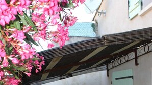 A patio with a table and chairs, surrounded by potted plants and flowers. - La Cave de Jean - GARDIE (GARDIE)