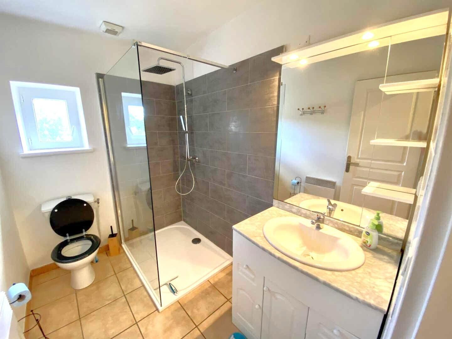 A modern bathroom with a glass-enclosed shower, a toilet, and a sink with a mirror.