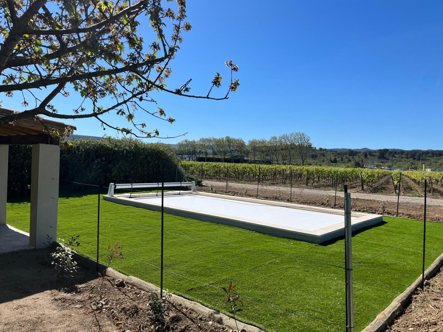 Un court de tennis avec un filet, entouré d’une pelouse bien entretenue et avec un vignoble en arrière-plan.