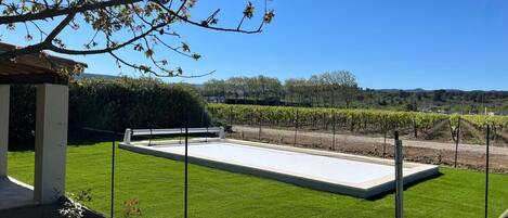 Un court de tennis avec un filet, entouré d’une pelouse bien entretenue et avec un vignoble en arrière-plan.