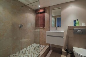 Un bagno con doccia, lavandino e WC.