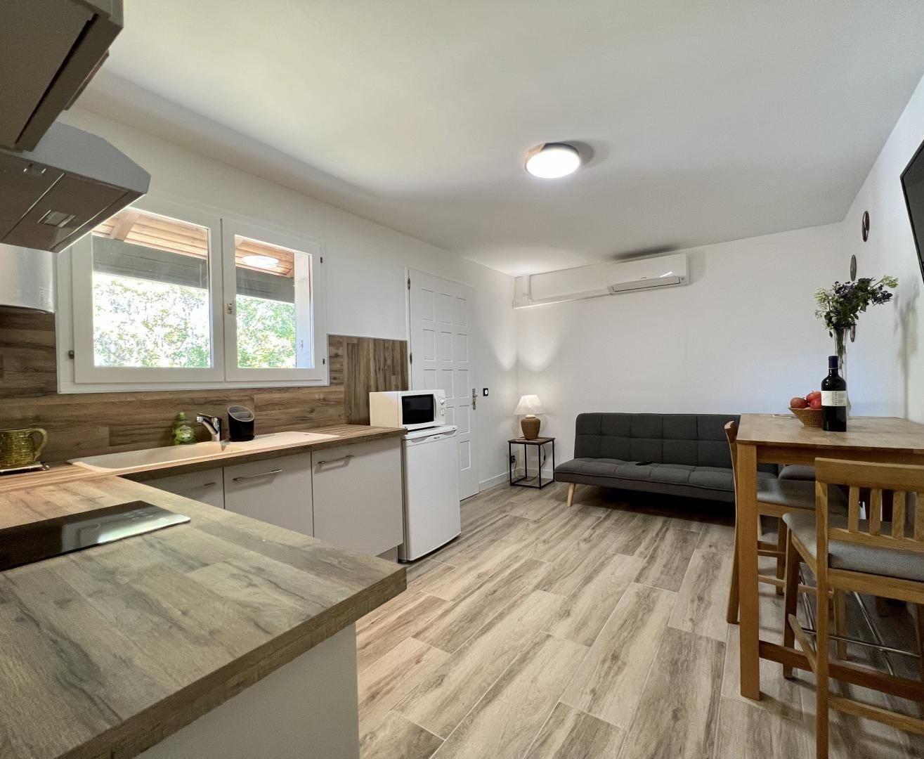 Cocina compacta con microondas, un lavamanos y armarios de madera. Hay un sofá gris y una mesa de comedor con sillas. Un televisor de pantalla plana está montado en la pared.