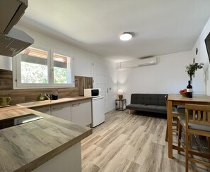 Cocina compacta con microondas, un lavamanos y armarios de madera. Hay un sofá gris y una mesa de comedor con sillas. Un televisor de pantalla plana está montado en la pared.