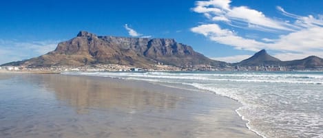 A beach with a mountain in the background.
