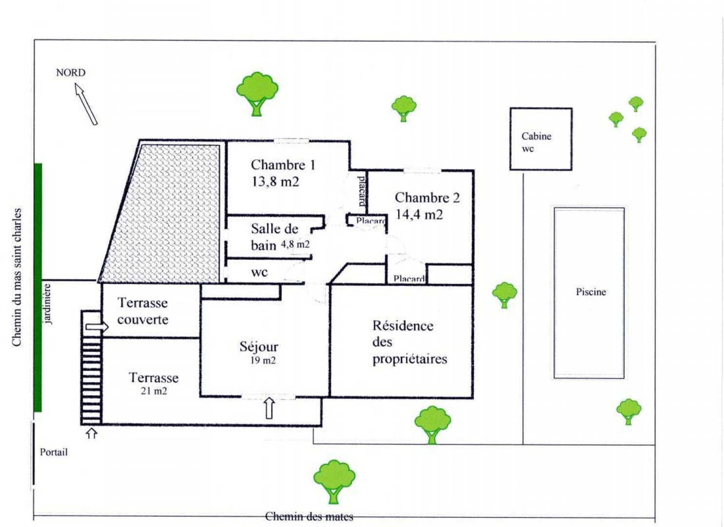 A floor plan of a property with two bedrooms, a bathroom, a covered terrace, a garden, a private residence, and a swimming pool.