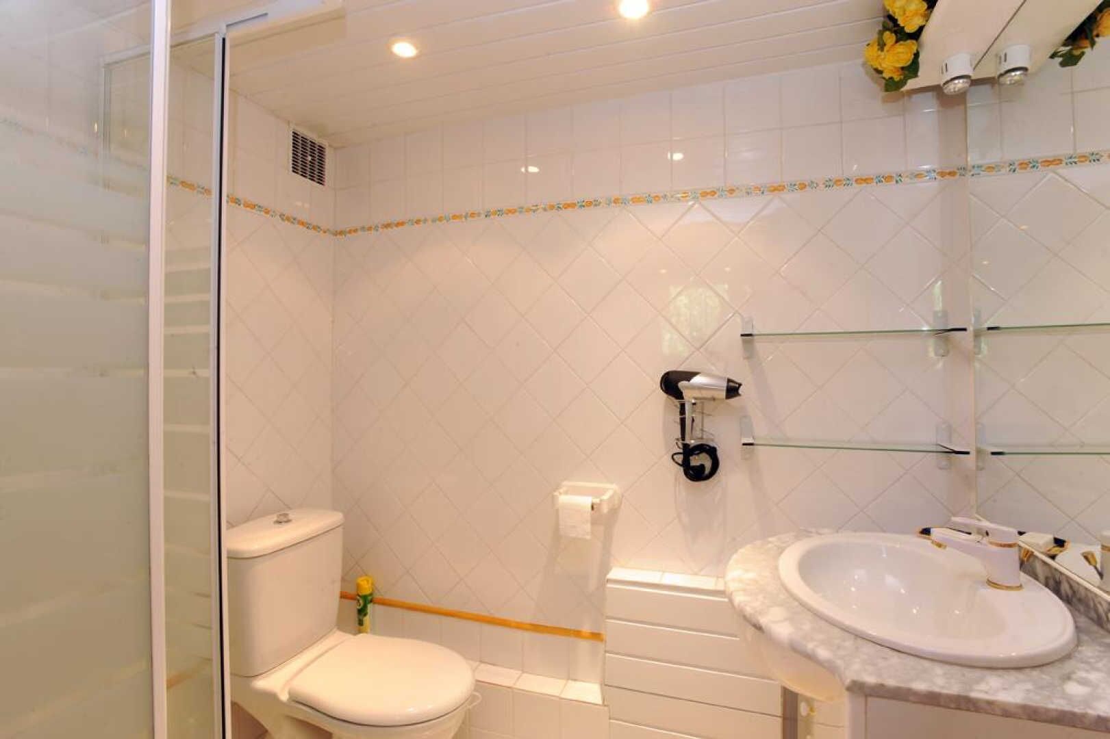 Une salle de bain avec des toilettes, une douche et un lavabo.