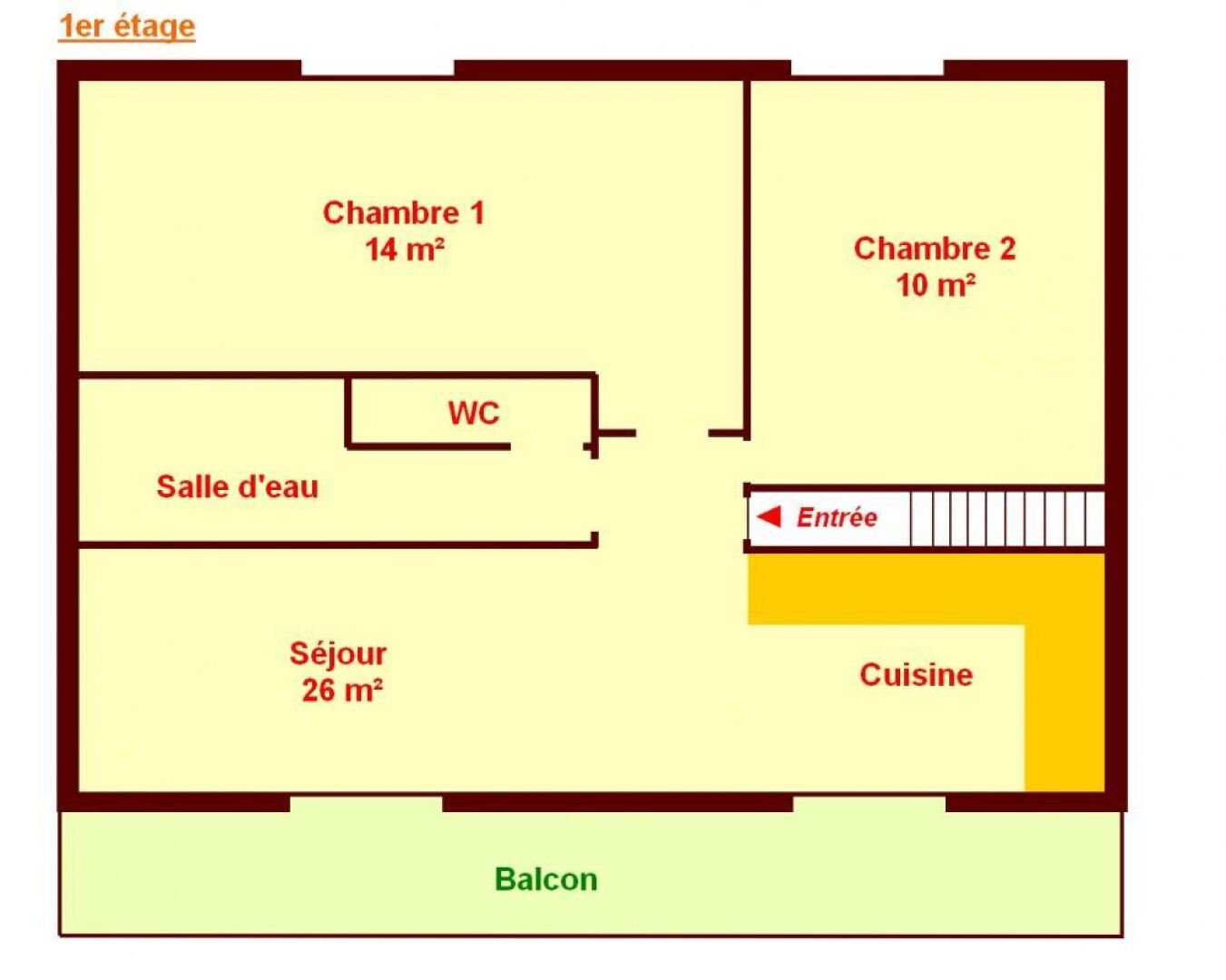 A floor plan of a hotel with two rooms (14 m² and 10 m²), a bathroom, a kitchen, a dining area, a bathroom, and a balcony.